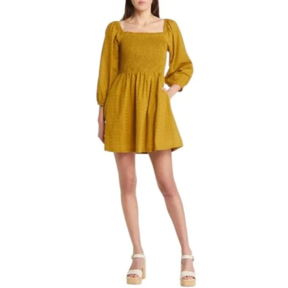NWT Lost + Wander Sz XS 100% Cotton Smocked Bodice‎ Mini Dress Mustard Yellow